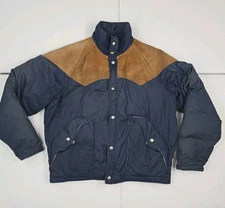 Vintage 70s Woolrich Goose Down Puffer Chore Jacket Men ~XL Leather Trim RARE