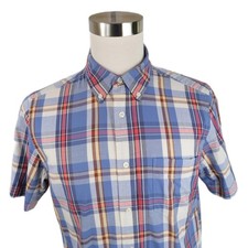 Vintage Chaps Mens Cotton Sun Drenched Poplin SS Red Blue Plaid Polo Shirt M