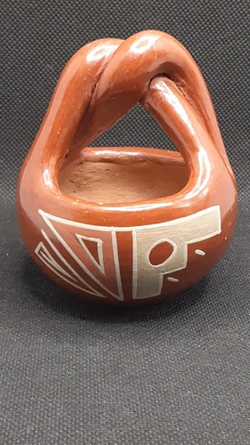 Santa Clara Red Clay Pottery Polychrome Miniture Bowl Twisted Handle Vtg. 3.5x3"