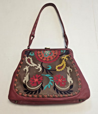 ISABELLA Fiore Purse Red Leather Flowers Handbag Embroidered 12" x 8-1/2" x 2"