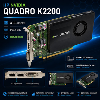 HP NVIDIA Quadro K2200 | 4GB GDDR5 | DVI | 2x DisplayPort 1.2 | Bulk
