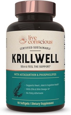 Live Conscious KrillWell Antarctic Krill Oil 90 Softgels Omega-3 Heart Brain 30 