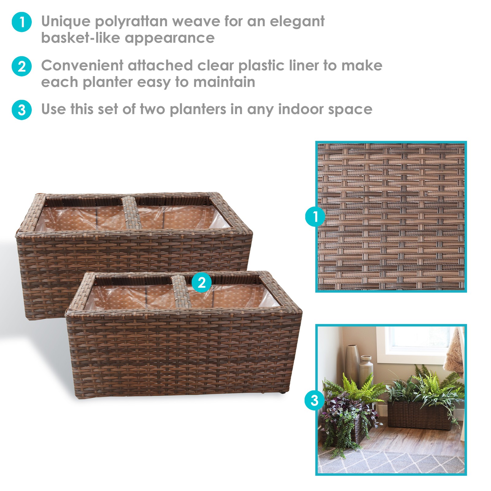 Polyrattan Indoor Rectangle Planter - Brown - Set of 2 by Sunnydaze