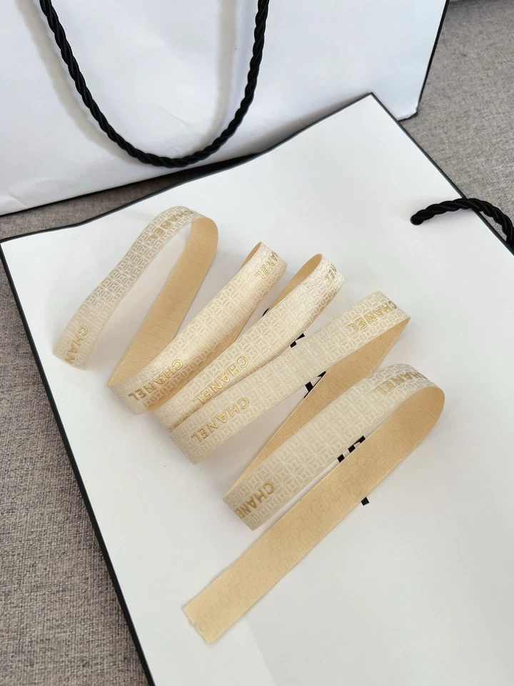 Authentic Chanel Holiday Woven Ribbon With Gold Glitter And White Logo - Image 3 of 4