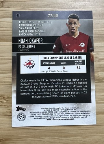 Noah Okafor Rookie RC Salzburg Topps Stadium Club Chrome Soccer Gold /50 Rare - 第 2/2 張圖片