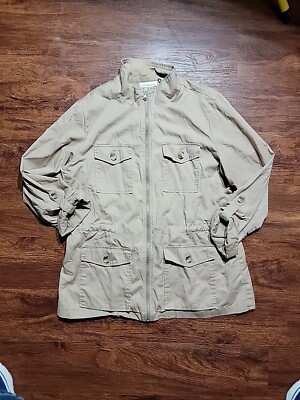 Croft & Barrow Womens Khaki Roll Tab Sleeve Full Zip Flap Pocket Cotton Jacket M