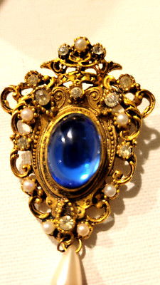 florenza vintage brooch, jelly bean cabochon, faux pearls, rhinestones, 2+1/2 ''