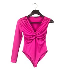 Pink Zara Asymmetric Bodysuit One Shoulder Long Sleeve Fuchsia V Neck Small