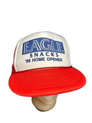 Vintage 1989 Trucker Snap Back Hat  Eagle Snacks Home Opener  Red & White Cap