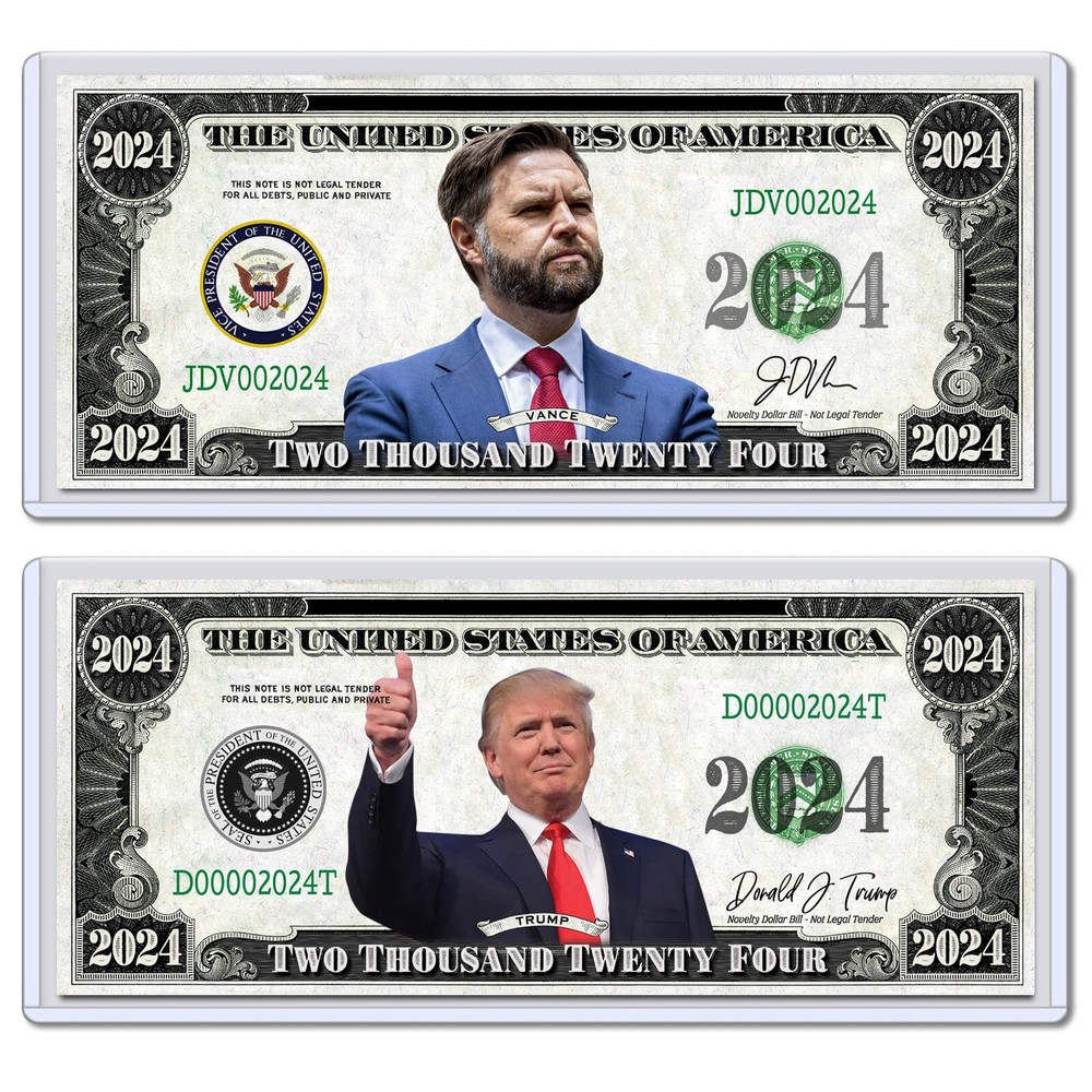 2 PACK - Donald Trump and JD Vance 2024 President VP USA Dollar Bills with Cases