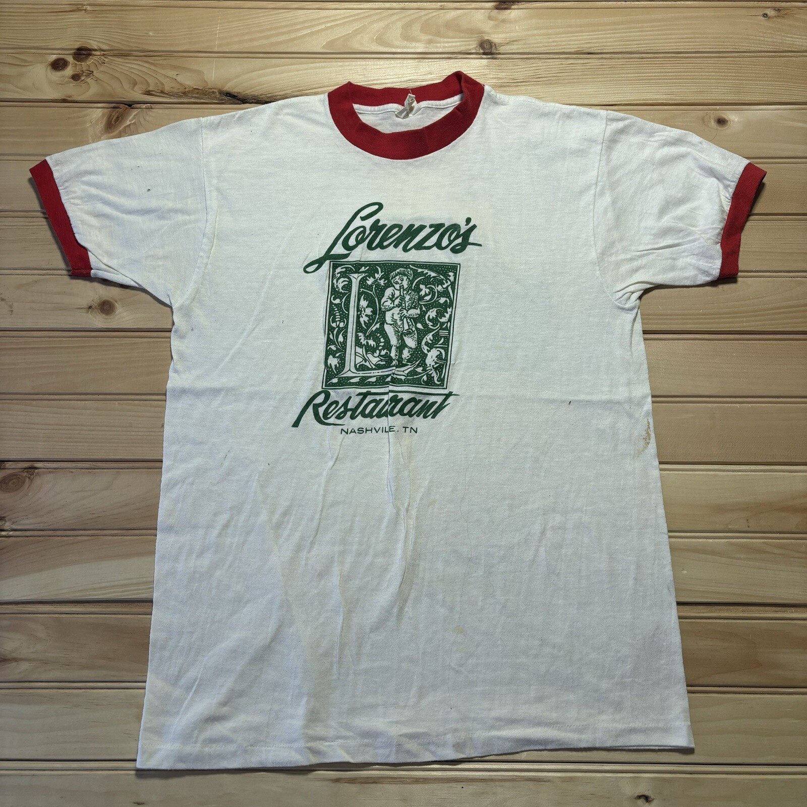 Vintage 80s Lorenzos Nashville TN Ringer Tee Single Stitch Large