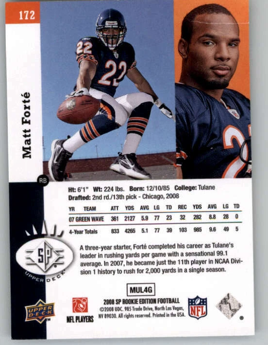 2008 SP Rookie Edition #172 Matt Forte 93 (ref 146651) - Image 2 of 2