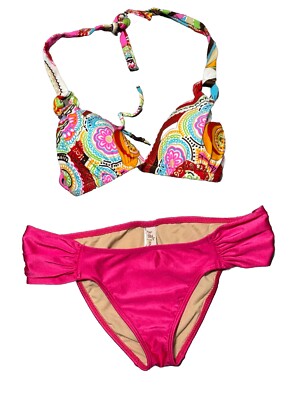 LULI FAMA Pink Multi Color MOLDED PUSH UP BANDEAU HALTER BIKINI Size Small & Med
