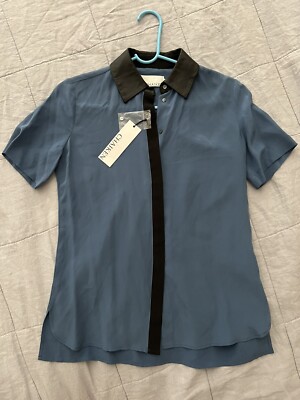 NWT Chaiken Boy Shirt Style Silk leather Trim  Blouse Blue
