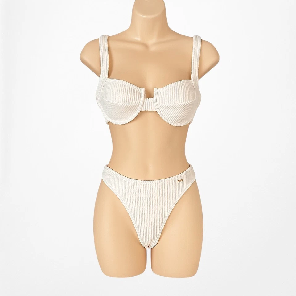 Nasty Gal Off White Ribbed Knit Two Piece Bikini Swim Suit Bathing Suit Size S - Image 4 of 4