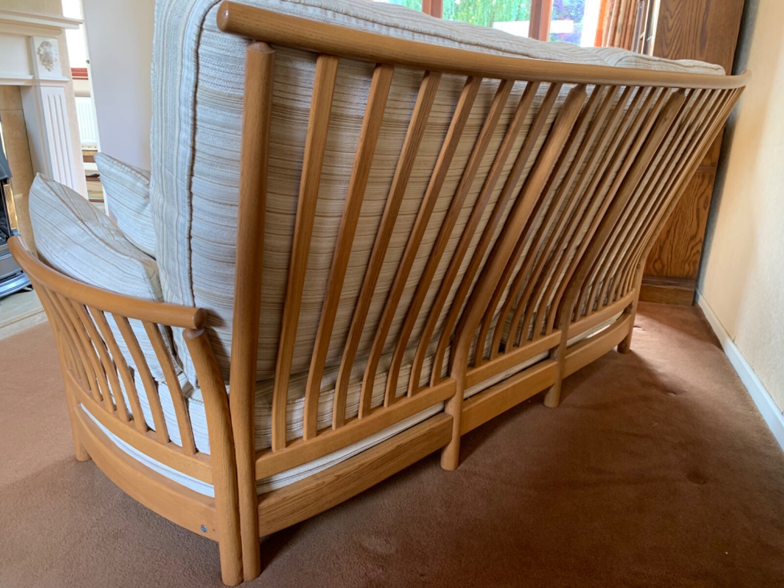 Ercol Renaissance Blonde Wood 3 Seater Sofa Settee High Back and Arm