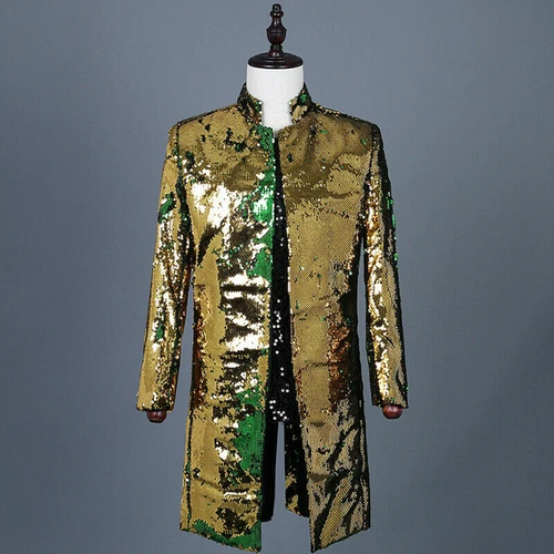 Men Reversible Two Tone Sequin Longline Jacket Suit Blazer Cabaret Carnival Tops - Picture 15 of 21