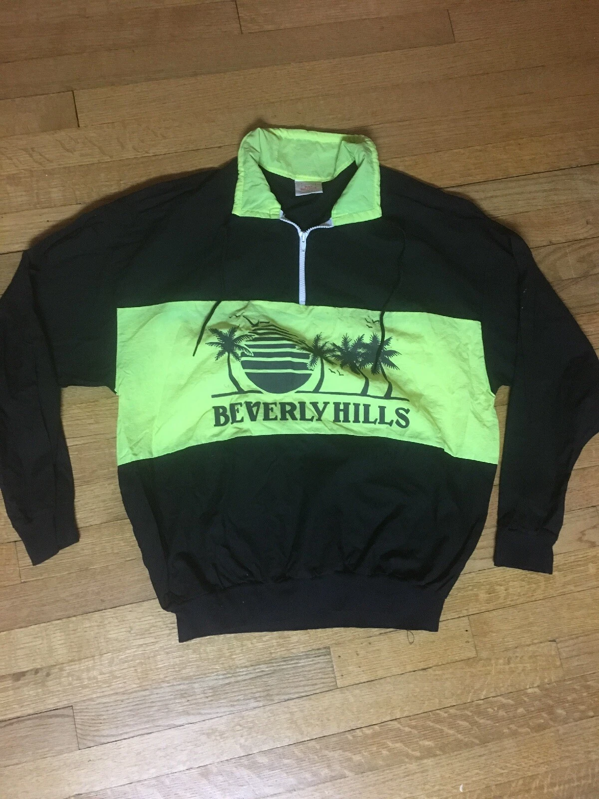 Vtg Retro 80s 90s Beverly Hills Surf Style Neon Yellow Black Windbreaker Jacket