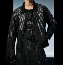 New Men Luxury Diamond Rhinestones Denim Black Jeans Jacket High Quality