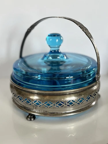 Vintage Blue Depression Glass Divided Condiment Dish, Lid, Silver-Plated Holder