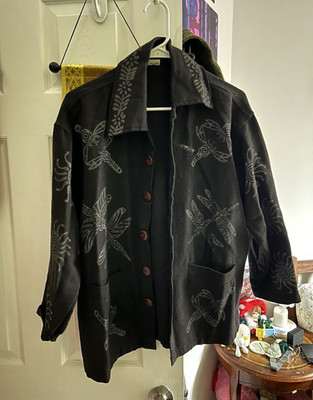 Venus Imports Unisex Black Dragonfly Button Front Overcoat Jacket M Pockets