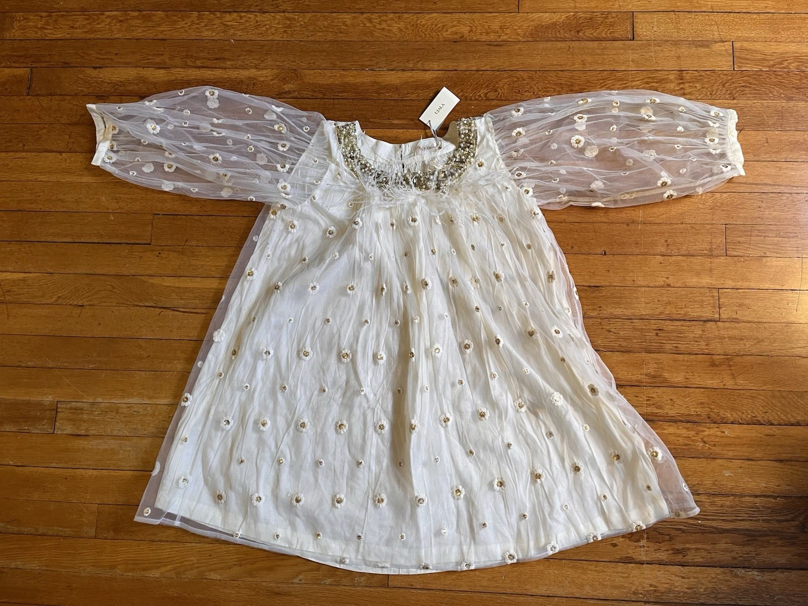 Ujala Flower Tulle Dress Girl’s 12 White Beaded Sequins Feathers