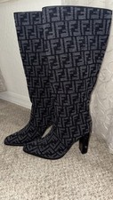 Fendi Blue Chenille Jacquard FF Cut 110 Baquette Knee Hight Boots