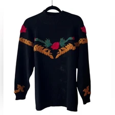 Vintage Black Floral Embroidered Long Sleeve Sweater Size M EUC Eclectic Grandpa