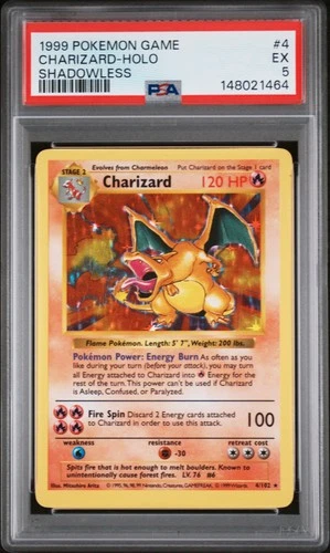 1999 POKEMON BASE SET SHADOWLESS #4 CHARIZARD-HOLO PSA 5