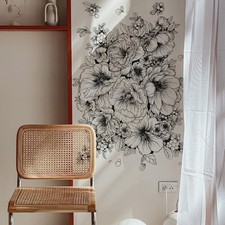Large Black and White Flower Wall Art Decals Boho Floral Wall Stickers for