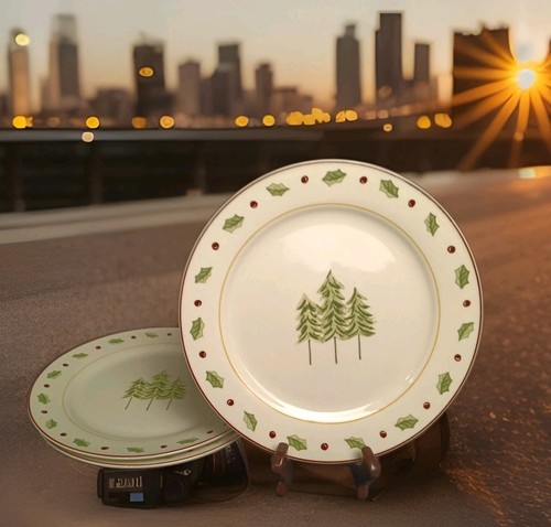 3 Merry Brite Christmas 10 1/2" Dinner Plates Christmas Tree Holly
