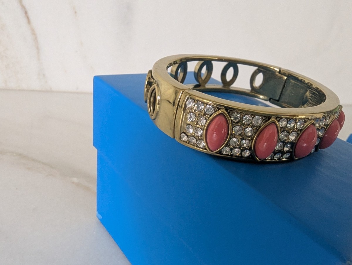 Signed Heidi Daus Armed with Charm Coral tone Crystal bangle Bracelet 6.5" Hinge View 3