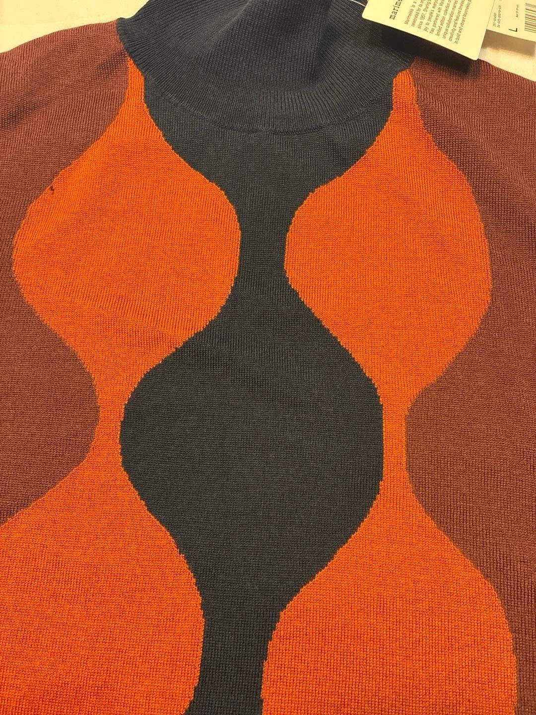 Uniqlo x Marimekko Merino Blended Turtle Neck Sweater Size L Brown Wavy Print image 7