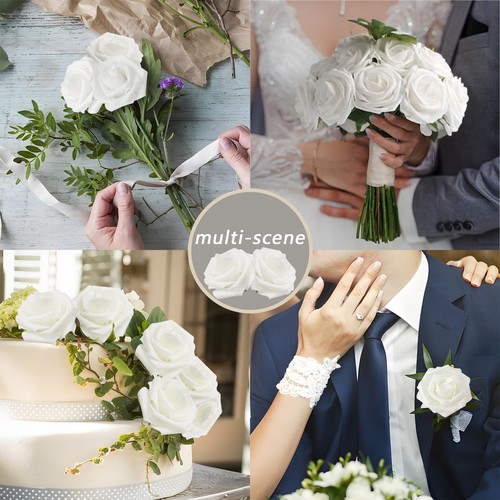 Artificial Flowers White Roses 100PCS Real Looking Foam Fake Roses with Leave... - Picture 7 of 9