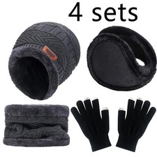 4PC Winter Thermal Set Velvet Lined Knit Hat Scarf Gloves Men Women Kids