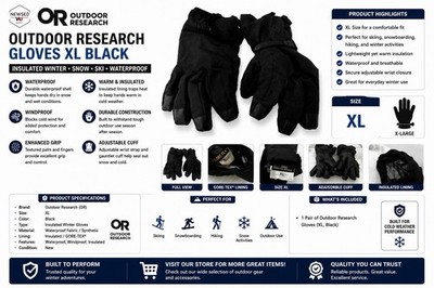 Outdoor Research OR Gloves XL Black Insulated Winter Snow Ski Waterproof