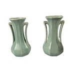 Vintage USA McCoy Pottery Double Handled Vases Pair Green Art Deco Matte Glaze