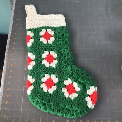 17 Inch Handmade Granny Square Crochet Christmas Stocking Green Red White