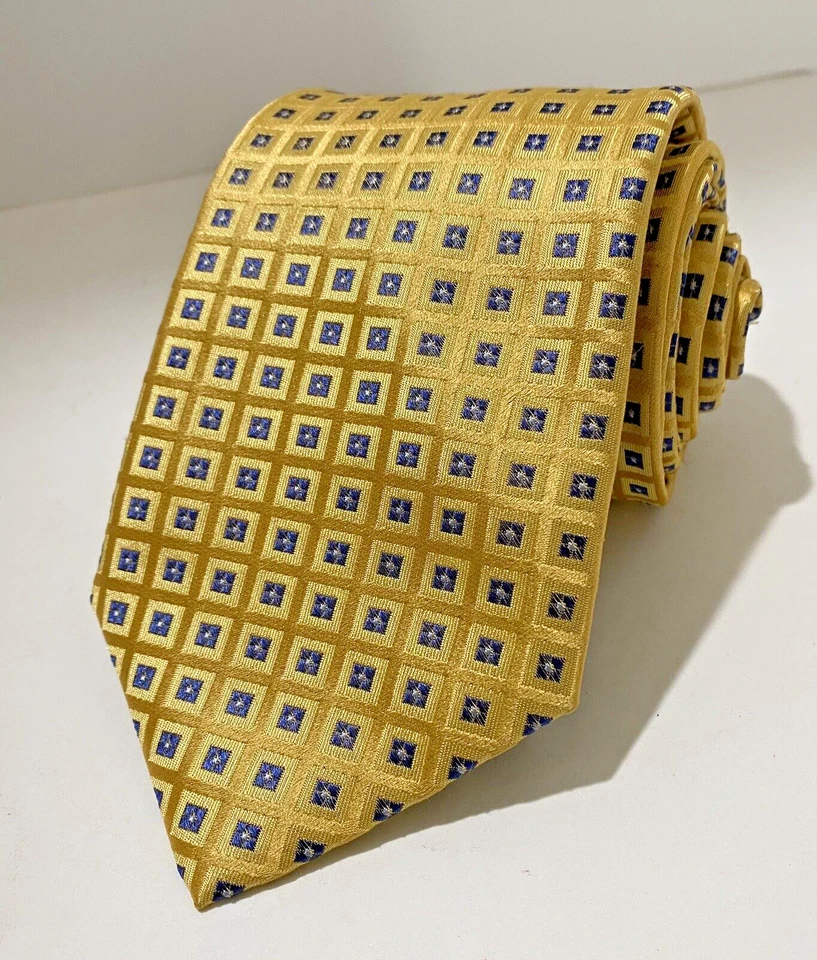 Corbata Roundtree & Yorke dorada y azul marino hecha a mano 100 % seda 56" oficina negocios Foto 2 de 4