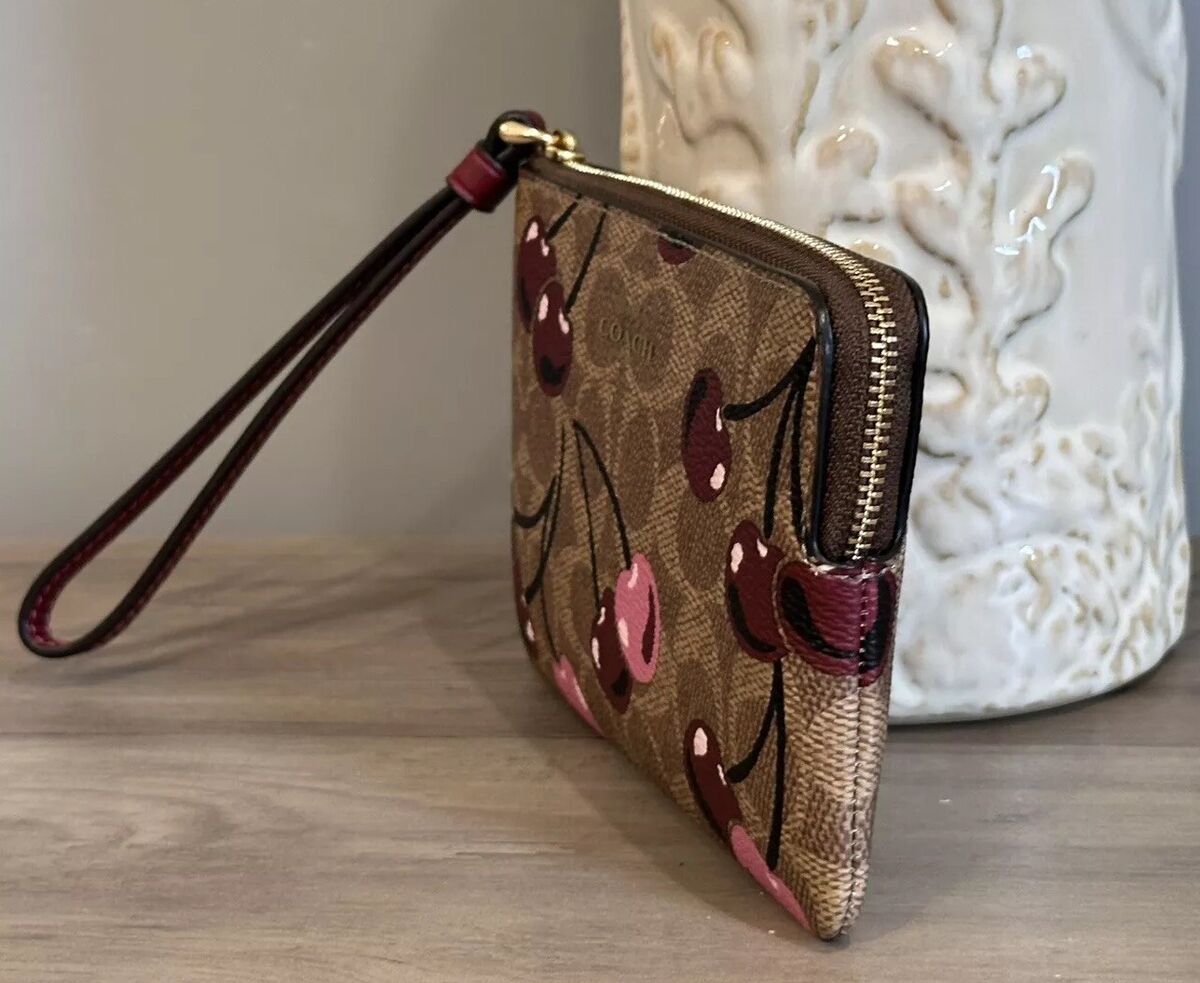 Coach Corner Zip Wristlet In Signature Canvas W Cherry Print Coach Corner Zip Wristlet In Signature Canvas W Cherry Print