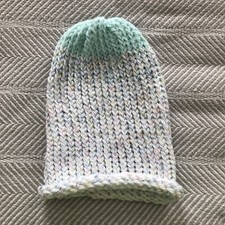 Beautiful Hand Knitted Beanie Sock Hat Chunky White Teal Mint Green Pastel Fleck