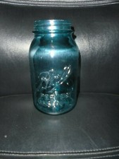 VINTAGE 1910-1923 BALL BLUE GLASS MASON JAR DROPPED A, UNDERSCORED, OFFSET PERFE