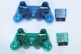 PLAYSTATION 2 PS2 Dual Vibration WIRELESS Controller CLEAR BLUE/GREEN SET OF 2