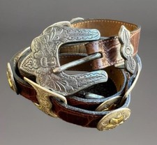VINTAGE CONCHO handcrafted STARS SILVER TONE BELT WESTERN LEATHER BROWN