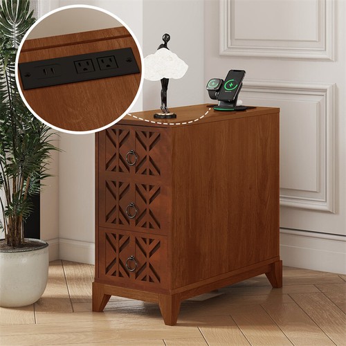 End Table w/3 Drawers & 2 Open Shelves Tall Side Table for Bedroom Corner,Walnut - Picture 13 of 16