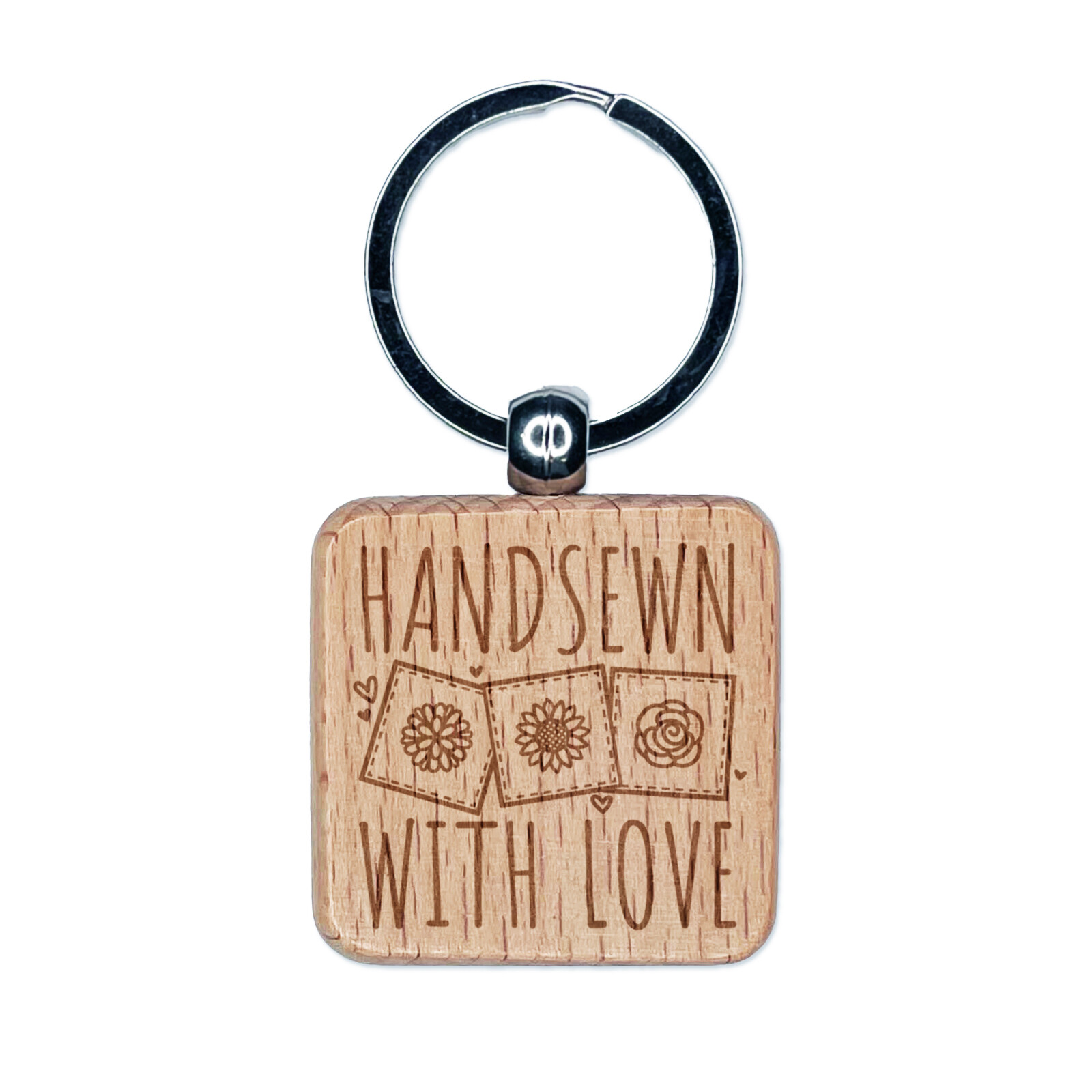 Handsewn Love Flower Quilt Block Engraved Wood Keychain for Sewing Crafts