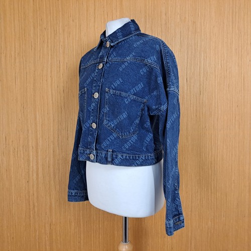 River Island Denim Jacket Loosefit Trucker Style Couture Print Womens Small - Picture 5 of 10