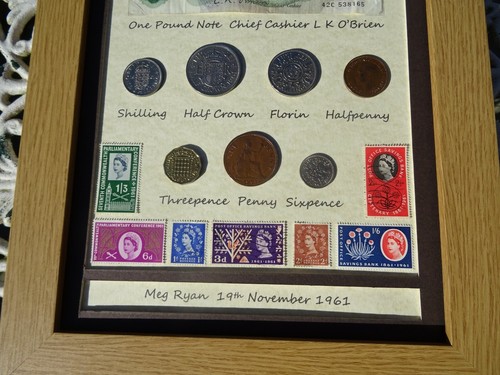 Personalised 64th Birthday, 1961, £1 Note, 7 Coin & Stamps set, unique gift - Picture 4 of 5
