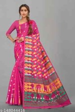 Indian Women Cotton Linen Dhakai Jamdani Saree Without Blouse Festive Wear Sari