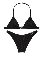 Victoria's Secret Black Embellished VS Shine Logo Swim Bikini 2 Piece Set NWT